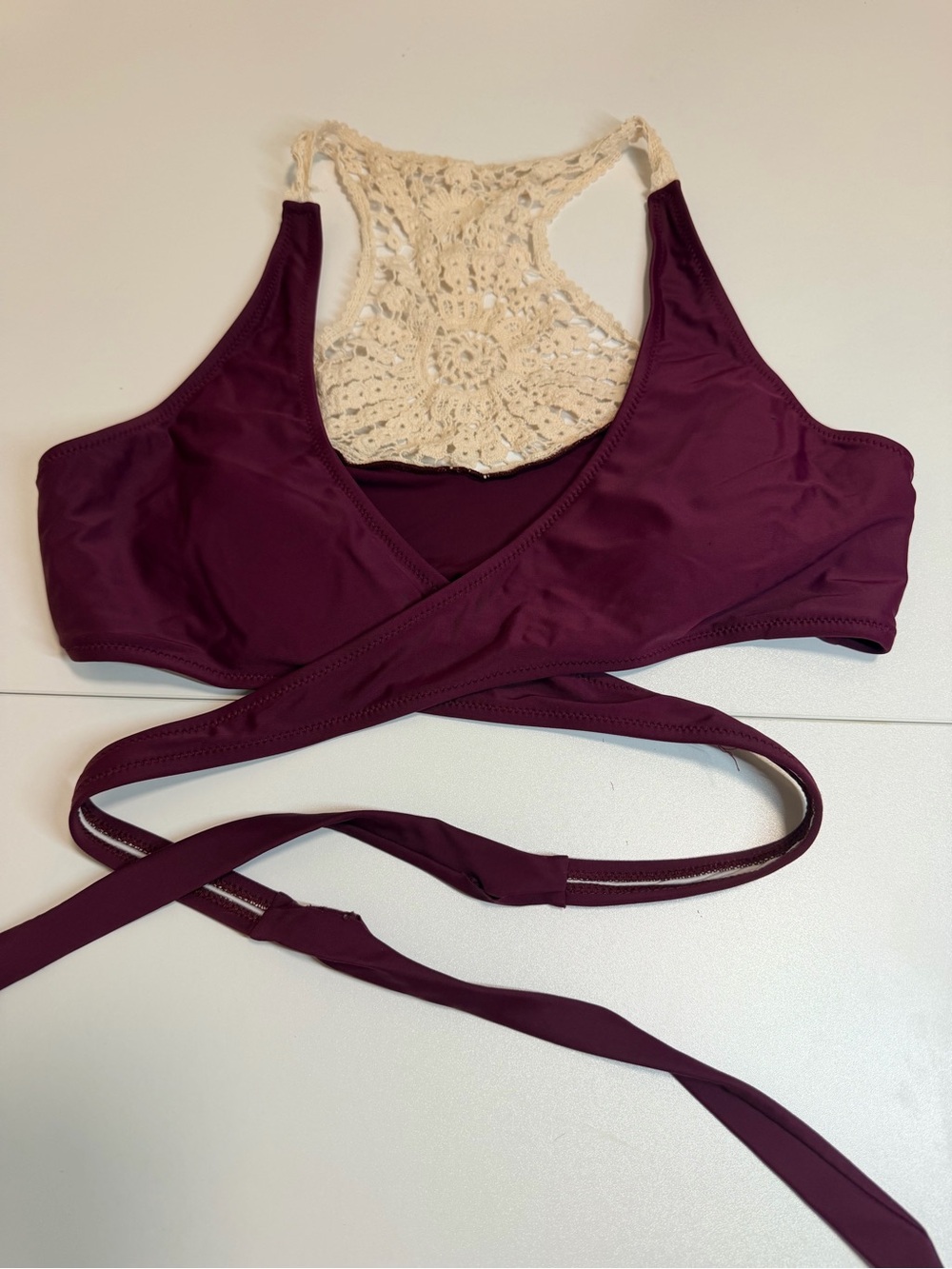 Crochet-Back Wrap Bikini Top in Burgundy